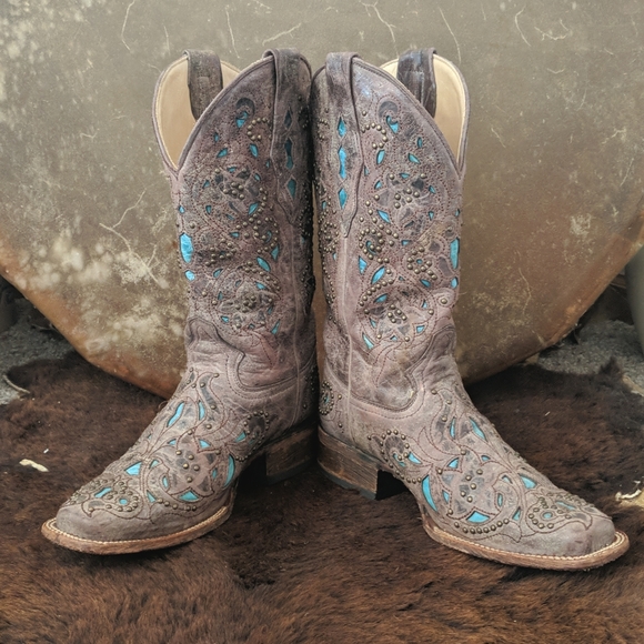 CORRAL A1149 brown studded leather cowgirl western boots turquoise inlay sz 7 - Picture 4 of 16